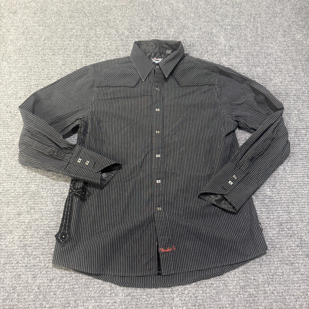 Fender Shirt Mens Medium Black Stripe Western Rock & Roll Religion Long Sleeve